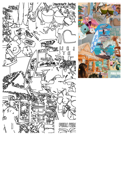 Vibrant tropical beach surf collage showcasing surfboards, coconuts, travel signs, and summer essentials, embodying 'Pura Vida'.