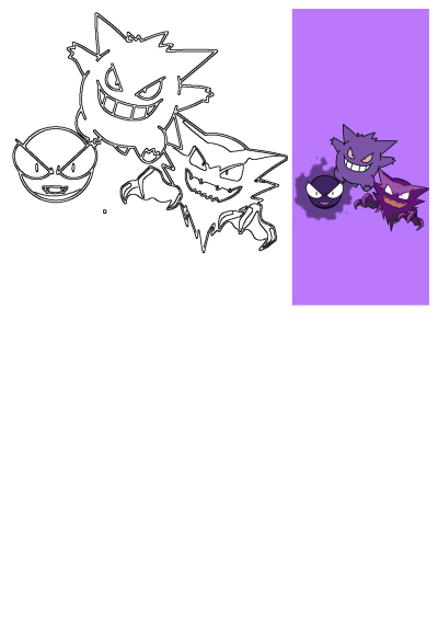Pokemon Ghastly Haunter Gengar Cartoon Characters, featuring black outline drawings and vibrant colored illustrations on a purple background.