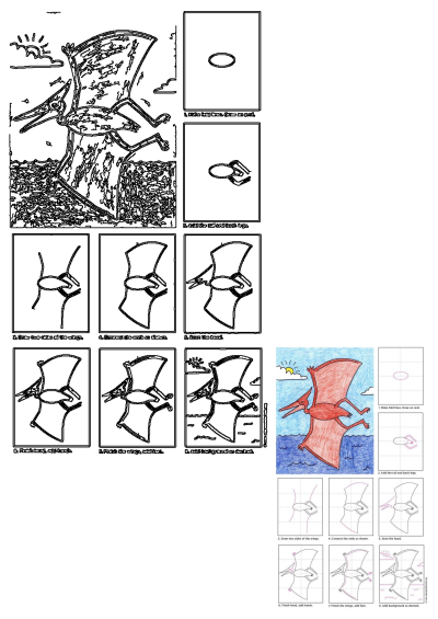 Easy step-by-step tutorial on how to draw a pterodactyl dinosaur, showing lines and a final red pterodactyl flying over water.