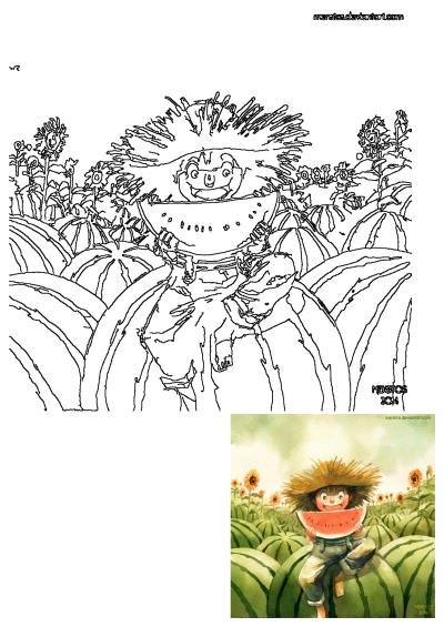 Vibrant watercolor art shows a happy boy in a straw hat sitting on huge watermelons, enjoying a slice in a sunny summer field.