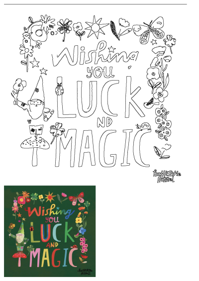 Colorful art print, 'Wishing You Luck And Magic,' featuring a whimsical gnome surrounded by lucky symbols and flowers.