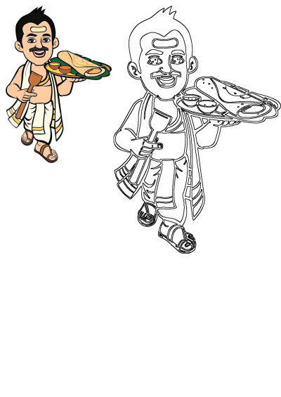 Smiling South Indian man cartoon, dressed in a dhoti, proudly serving a delicious dosa with sambar and chutney on a banana leaf.