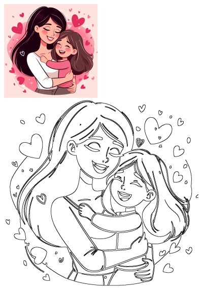 A heartwarming illustration of a mother and daughter sharing a loving hug, both smiling against a cheerful pink background filled with hearts.