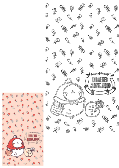 Cute Molang Little Red Riding Hood character with friend and basket, set against a charming pink flower background.