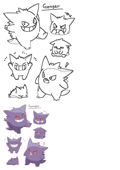Gengar Pokemon character sheet artwork showcasing multiple poses and expressions in both line art and full color.