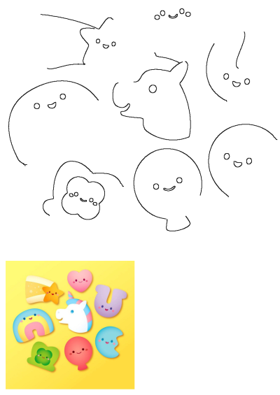 Adorable Lucky Charms-style marshmallow shapes: rainbow, unicorn, heart, star, clover, balloon, moon on a bright yellow background.