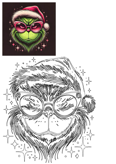 Vibrant Grinch wearing stylish pink sunglasses and a festive Santa hat, surrounded by sparkles. Also features a blank outline for coloring.