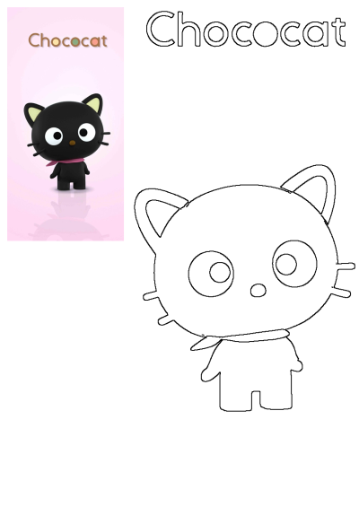 A cute Chococat black cat cartoon with a pink background, showing a vibrant rendered character and a simple outline drawing.
