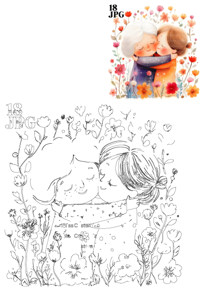 Beautiful digital download clipart of a mother and daughter sharing a loving embrace surrounded by colorful flowers for Mother's Day.