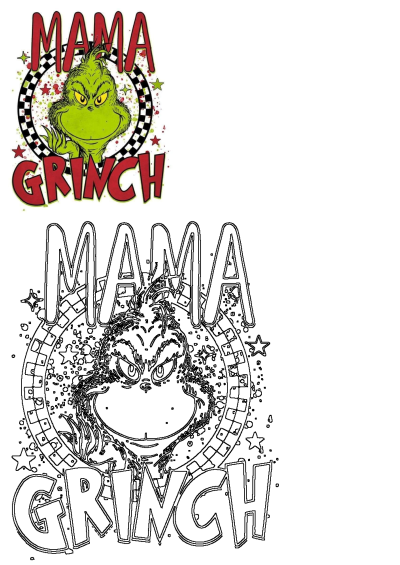 Mama Grinch sublimation design with a green Grinch face, 'MAMA GRINCH' text, stars, and splatters, perfect for Christmas DIY Cricut projects.