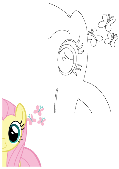 Close-up of Fluttershy from My Little Pony, featuring her yellow face, teal eyes, pink hair, and a mix of colored and outline pink butterflies.