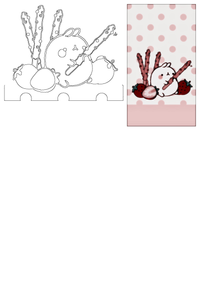A charming kawaii bunny surrounded by sweet strawberries and tasty chocolate sticks, shown as a cute design and outline.