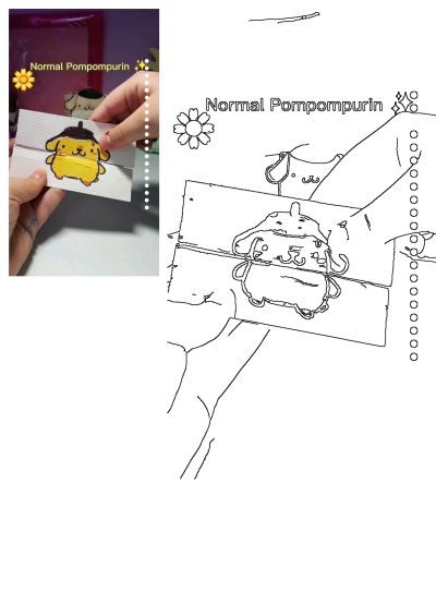 A hand holds a vibrant Pompompurin normal character drawing on paper, presented with its crisp line art outline for reference.