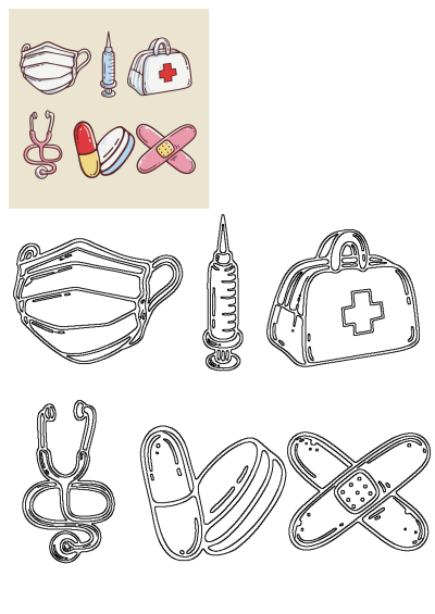 A colorful cartoon illustration of essential medical and healthcare tools: mask, syringe, first aid kit, stethoscope, pills, and band-aids. Also includes line art outlines.