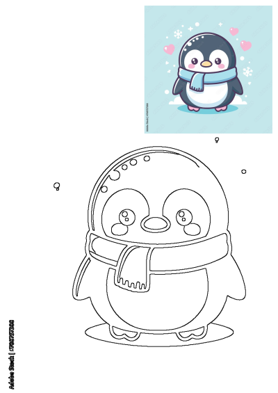 A cute cartoon penguin wearing a blue scarf, surrounded by falling snowflakes and pink hearts against a light blue background. A charming winter animal illustration.