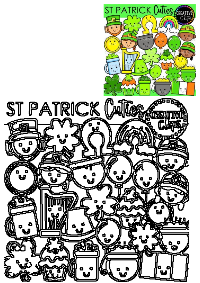 Cute St. Patrick's Day clipart featuring leprechauns, shamrocks, rainbows, pots of gold, coins, and other Irish symbols.