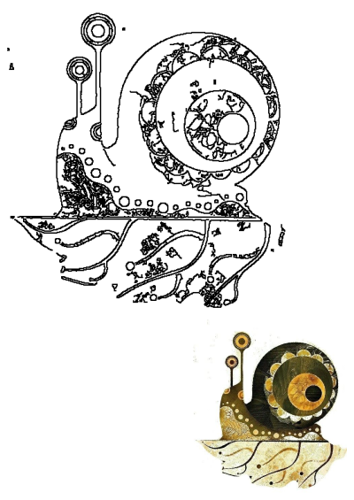 Artistic snail painting with intricate leaf, circle, and dot patterns. Features a detailed outline and a rich, earthy-toned painted version.