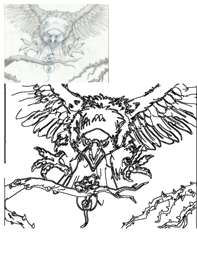 Cartoon eagle with spread wings perched on a thorny branch, fiercely attacking a frightened mouse. Line art drawing.