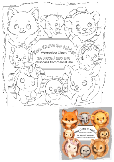 Cute watercolor animal clipart PNGs for personal and commercial use, featuring adorable fox, elephant, lion, unicorn, hedgehog, llama, seal, deer.