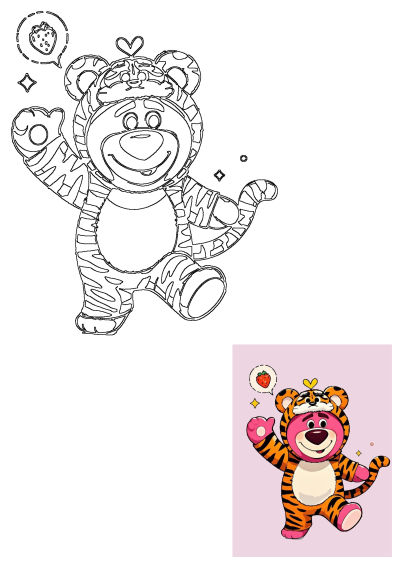 Cute cartoon pink bear wearing a tiger costume, with a strawberry thought bubble above its head, featuring both line art and colored versions.