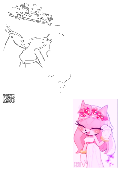 Smiling pink-haired cartoon girl wearing a white dress, gold bracelets, and a tiara adorned with vibrant pink hearts.