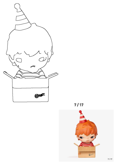 Grumpy red-haired toy doll wearing a red and white striped party hat and shirt, emerging from a brown cardboard box.