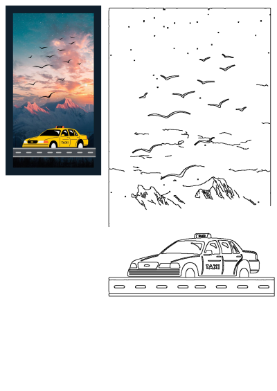 A yellow taxi cab on a mountain road beneath a colorful sunset sky filled with birds flying. Scenic travel illustration.