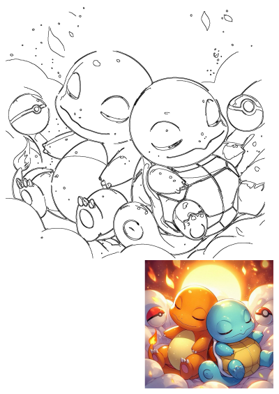A heartwarming artwork of cute Pokemon Charmander and Squirtle sleeping cuddled together on soft clouds with Pokeballs.