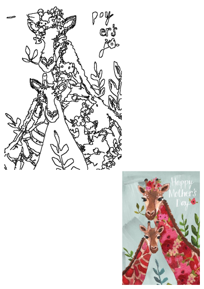Vibrant watercolor painting of a loving mother and baby giraffe, adorned with beautiful pink and red floral patterns, with 'Happy Mother's Day' text.