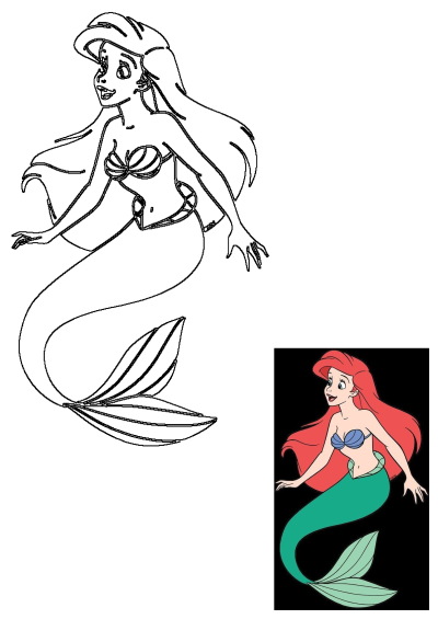 Ariel, Disney's The Little Mermaid character. Features a black outline drawing and a full-color illustration with red hair and green tail.