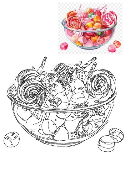 A detailed line art illustration depicting a glass bowl overflowing with an assortment of colorful candies and swirl lollipops.
