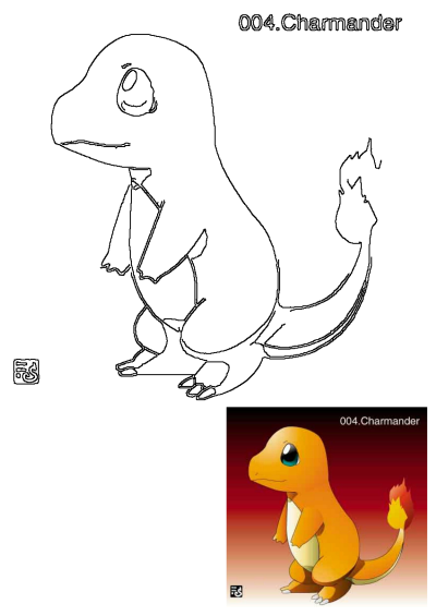 Detailed black and white outline of Charmander Pokemon cartoon character, perfect for tracing, accompanied by a vibrant colored illustration example.