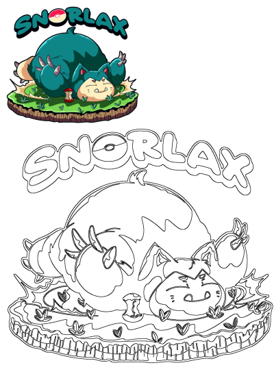 Snorlax Pokemon cartoon character laying peacefully on a vibrant green field with an apple core nearby, under a 'SNORLAX' title.