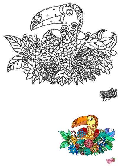Detailed ornate toucan drawing with tropical flowers, leaves, and berries; includes a small vibrant colored example.