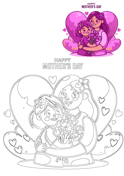 A colorful Mother's Day illustration of a mom and daughter hugging with flowers and heart background. Also features a printable outline.