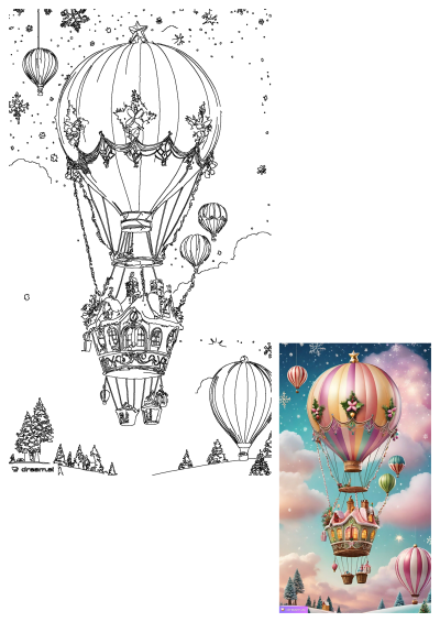 A whimsical Christmas hot air balloon house with festive decorations soars through a magical snowy winter sky, surrounded by trees.