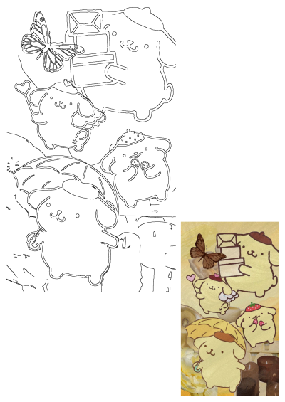 Cute Pompompurin-like characters with a brown butterfly, stacked gifts, umbrella, and strawberry hat on a yellow donut background.