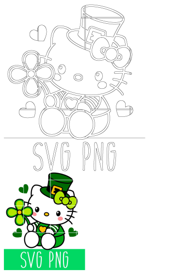 Hello Kitty in a leprechaun hat holding a shamrock, with hearts, shown as both an outline and colored for St. Patrick's Day. SVG/PNG.
