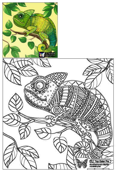 Green chameleon illustration featuring intricate patterns, perched on a tree branch with lush leaves against a soft yellow background.
