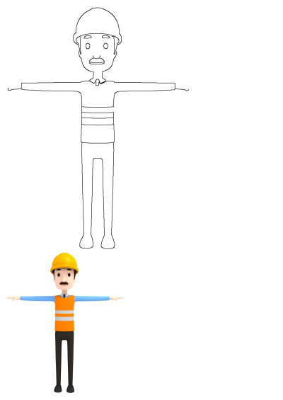 Cartoon construction worker in a yellow hard hat and orange vest with arms out. Includes a colored 3D character and a black outline version.