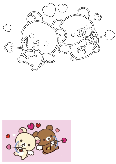 Cute Rilakkuma and Korilakkuma cupid bears with heart arrows, presented as both an outline drawing and a colorful illustration.