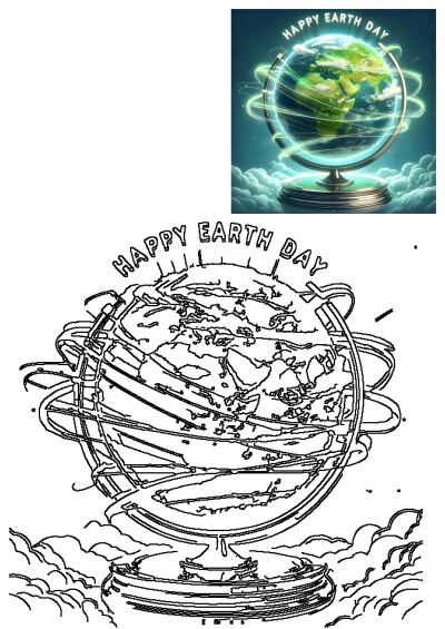 Happy Earth Day Globe With Clouds: A vibrant illustration of Earth with glowing lines and clouds, plus an outline drawing.