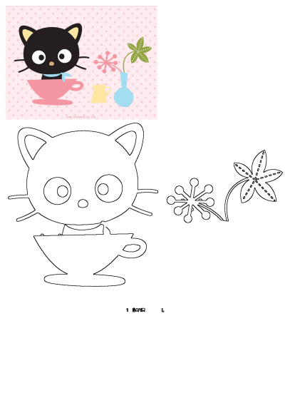 A cute cartoon black cat with a blue bow in a pink teacup, surrounded by stylized flowers and a polka dot background. Features matching outline versions.