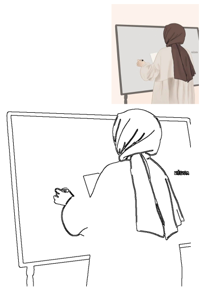 An illustration of a Muslim woman teacher, wearing a brown hijab, writing notes on a whiteboard from a rear view perspective.