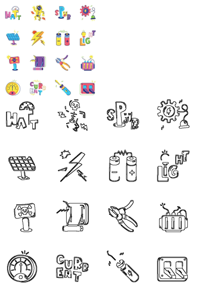 Colorful electricity and energy objects on a white background, featuring icons like solar panels, batteries, light, dangers, and tools.