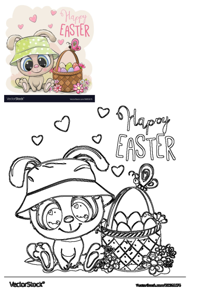 Cute cartoon bunny in a green hat with an Easter basket full of colorful eggs and flowers, wishing Happy Easter.