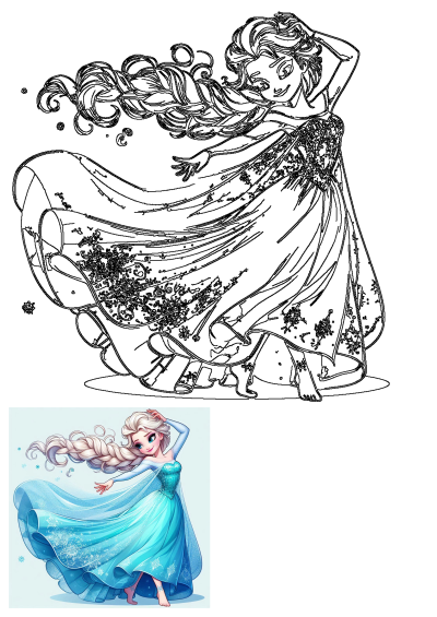 Elsa from Frozen in her beautiful blue dress, depicted as a stunning outline drawing alongside a vibrant color illustration.