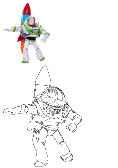 Toy Story Buzz Lightyear action figure with a red rocket ship on his back, shown in vibrant color and as a black outline.
