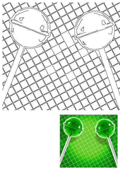 Two vibrant green lollipops, delicious sweet treats and candy, stand against a matching green background with a subtle grid pattern.