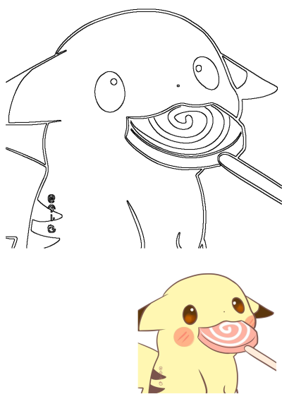 A cute Pikachu character happily eating a swirling pink lollipop. This line art drawing captures the beloved Pokemon enjoying a sweet treat.